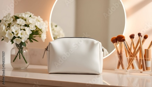 A white leather makeup bag sits on a counter with flowers, brushes, and a mirror.