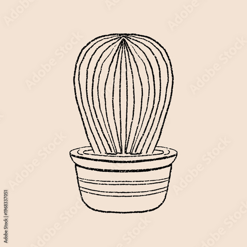 Hand drawn minimalist cactus in pot vector illustration. Simple potted cactus doodle sketch isolated for modern decor and botanical branding