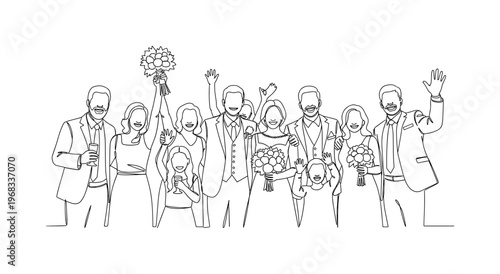 Wedding Party. Minimalistic one-line drawing group of family members celebrating with smiles and hand gestures, continuous single black line on white
