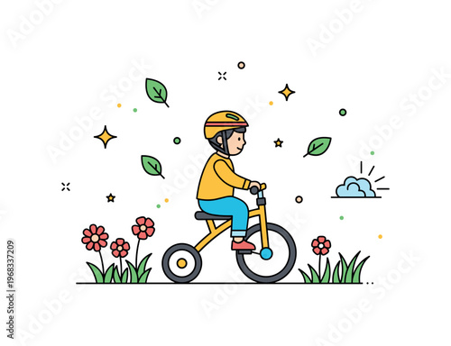 Tricycle ride garden adventure scene where a toddler pedals through flowers and grass while small sparkle and leaf icons emphasize curiosity, nature, and