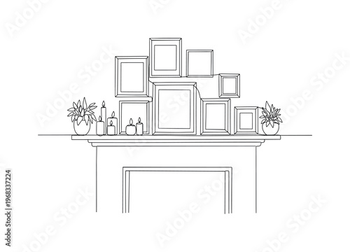 Mantel Styling. Minimalistic one-line drawing fireplace shelf with plants, candles, and framed pictures, continuous single black line on white background,
