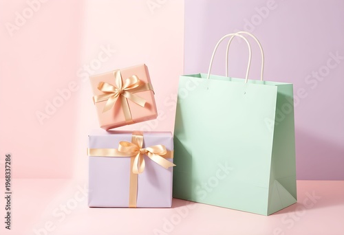 Gift boxes and shopping bag on pastel colored background with ribbons