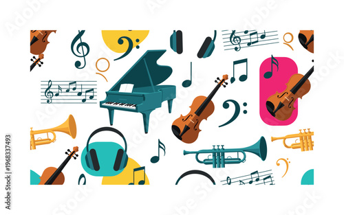 music notation seamless pattern, repeating pattern, surface design, textile print, modern illustration of treble clefs, bass clefs, quavers, crotchets,