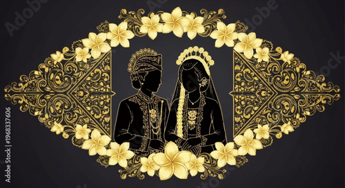 Traditional couple in ornate gold floral patterns on black background