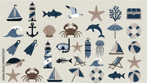 Extensive set of beach and sea icons with lighthouse anchor sailboat crab dolphin fish starfish and umbrella