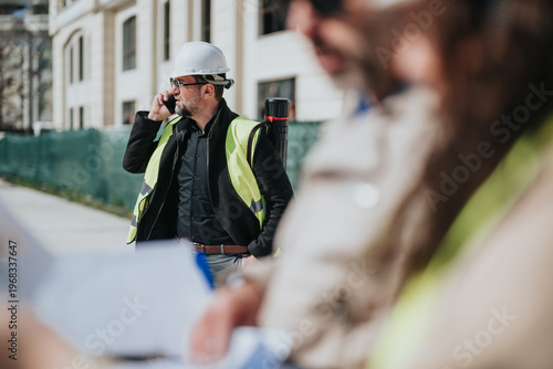Construction site manager wearing a hard hat and high-visibility vest speaks on a mobile phone. Colleagues in the foreground review plans and documents while the manager oversees the site.