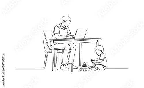People Balancing Work and Family Life. Minimalistic one-line drawing person working on laptop at desk while child plays nearby, continuous single black line on