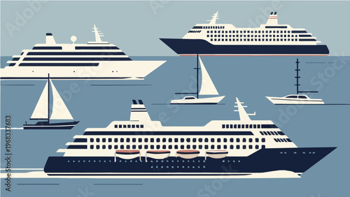 Group of detailed cruise ships and sailboats on sea water background in vector style