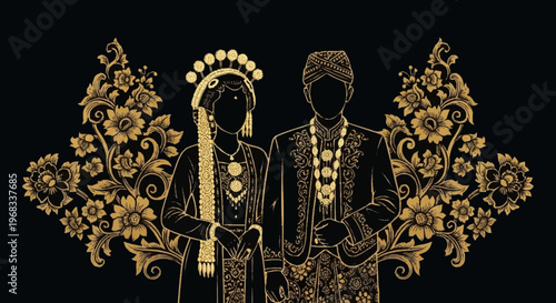 Couple wearing traditional attire standing together with ornate designs