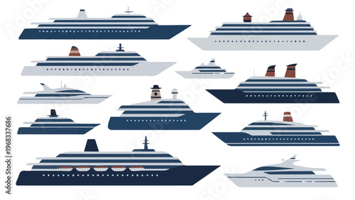 Numerous cruise ships and passenger vessels in collection of different nautical designs