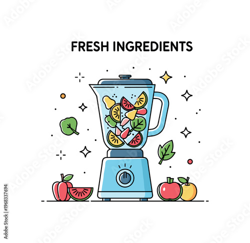 Fresh ingredients smoothie preparation concept where a blender is filled with chopped fruits and vegetables while tiny sparkle and star icons highlight healthy
