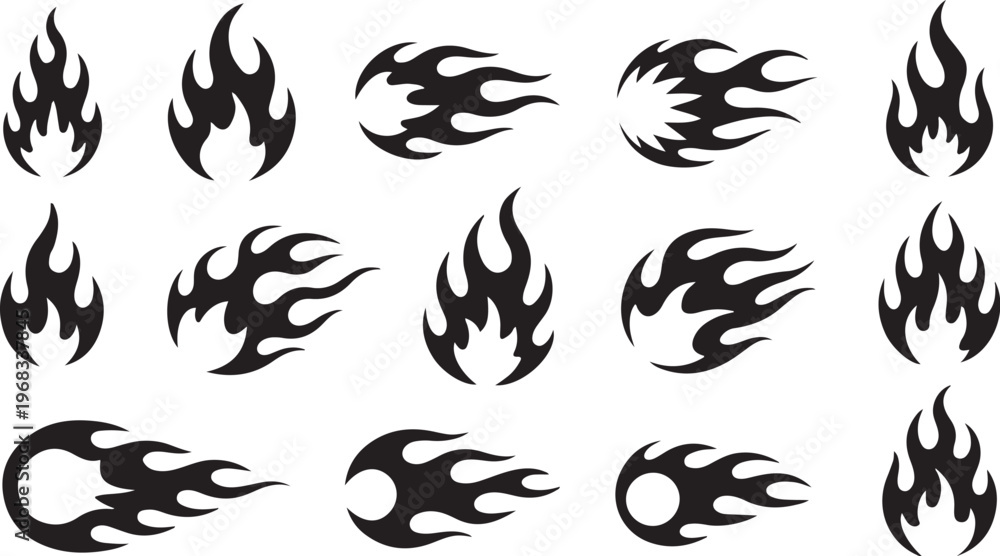 Obraz premium Set of Black Fire Flame Icons, Tribal Blaze Silhouettes, and Hot Burn Vector Graphics on White Background