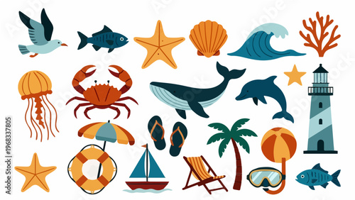 Comprehensive beach ocean icon set with sea animals lighthouse palm tree umbrella chair snorkel and lifebuoy