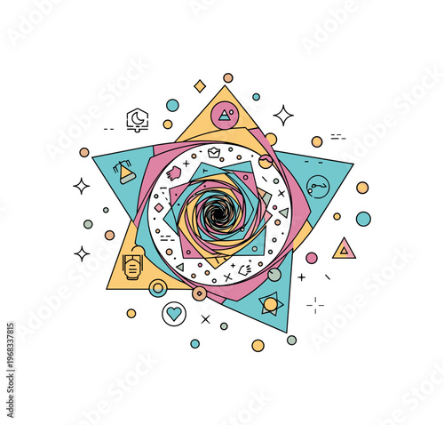 Psychedelic art geometric swirl scene where triangles, circles, and polygons twist in colorful patterns while small sparkle and line icons emphasize symmetry,