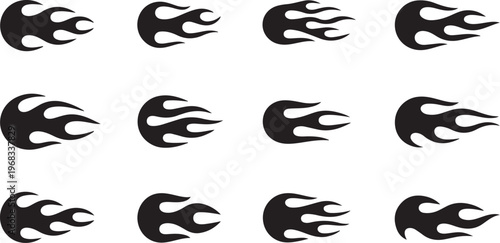 Set of Black Fire Flame Silhouettes, Tribal Racing Decals, and Hot Blaze Vector Icons on White Background