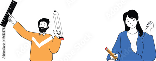 Two individuals holding various writing tools and looking engaged in a collaborative learning or teaching session together