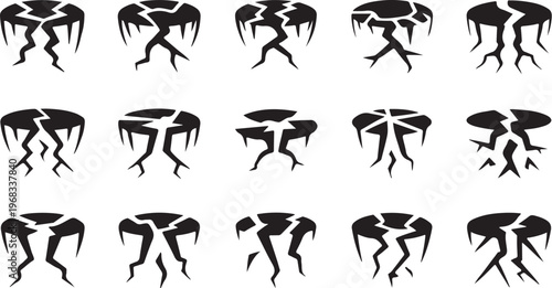 Set of Black Ground Crack Icons, Earthquake Surface Rupture Silhouettes, and Split Earth Vector Graphics whit background
