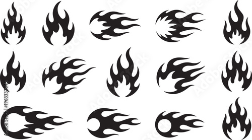 Set of Black Fire Flame Icons, Tribal Blaze Silhouettes, and Hot Burn Vector Graphics on White Background