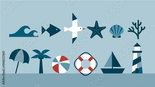Assorted nautical beach symbols with wave fish umbrella palm tree lifebuoy sailboat lighthouse and starfish
