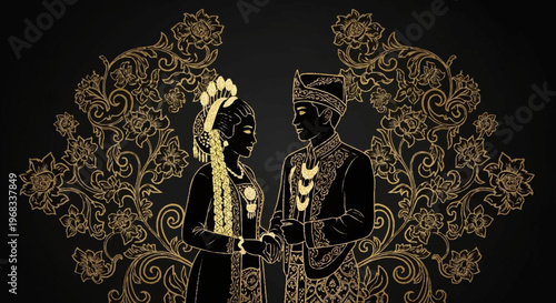 Elegant couple in traditional attire standing before ornate gold decorations