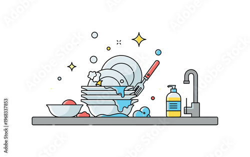 Washing dishes messy kitchen scene where a pile of dirty dishes awaits cleaning while tiny sparkle and bubble icons highlight order, task completion, and