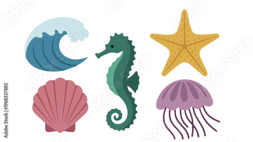 Simple collection of sea creatures and elements with wave seahorse starfish shell and jellyfish