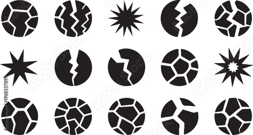 Cracked Circle Silhouette Set: Shattered Surface Vector Icons  set of vector design on transparent background.