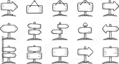 Hand-Drawn Collection of Wooden Directional Signs set of vector design on transparent background.