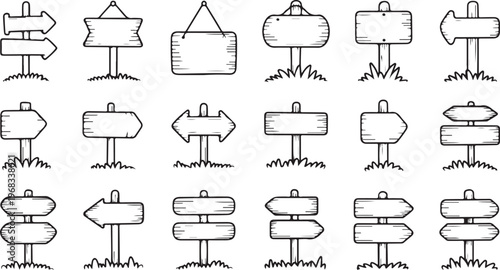 Hand-Drawn Wooden Directional Signpost Sketch Collection set of vector design on transparent background.