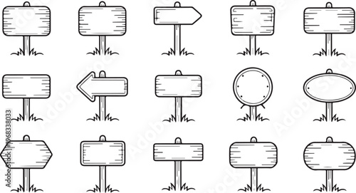 Hand-Drawn Blank Wooden Signpost Collection set of vector design on transparent background.