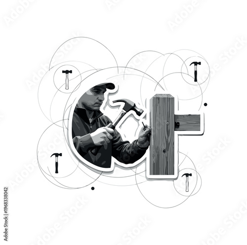 outdoor repair circular shapes thin lines and abstract hammer icons realistic monochrome person hammering nails into wooden gate post for secure fence with
