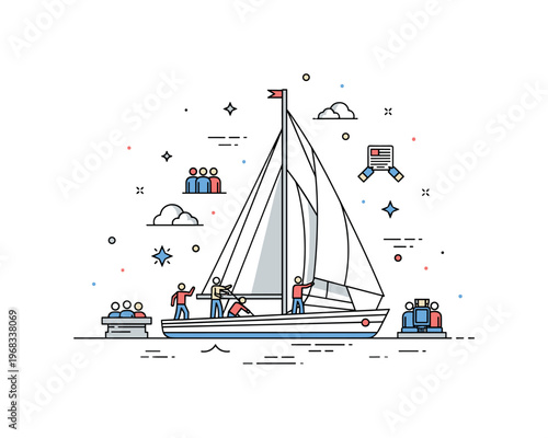 Sailing boat regatta preparation scene where crew adjusts sails while tiny sparkle and line icons highlight teamwork, competition, and readiness. The