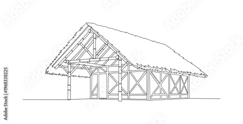Eco-Friendly Construction. Minimalistic one-line drawing building structure using bamboo, straw, and recycled wood, continuous single black line on white