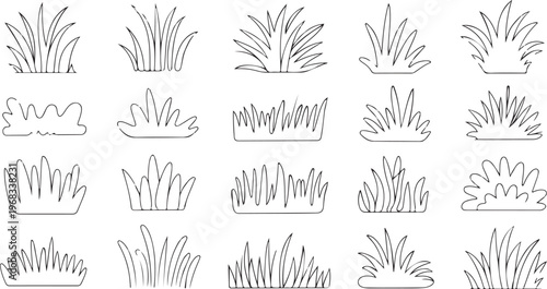 Vector wind field scene icon group meadow horizon prairie bending grass Silhouette Set of Various Grass and Reed Plants set and vector design on transparent background.