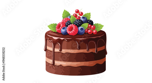 Illustration of a chocolate cake with chocolate frosting and mixed berries on top against a clean white background.