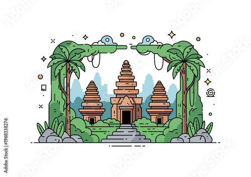 Tropical jungle hidden temple scene where ancient ruins peek through thick jungle while tiny sparkle and star icons highlight mystery, exploration, and natural