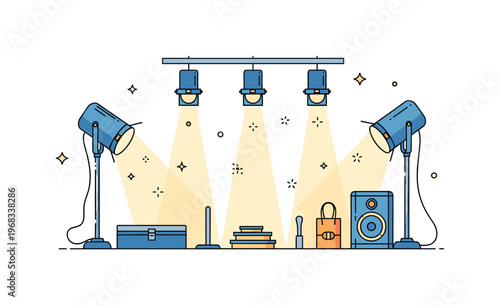 Stage props lighting and prop alignment scene where spotlights emphasize carefully arranged objects while tiny sparkle and star icons highlight attention to