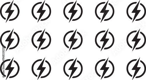 Lightning bolt icons set, black outline of flash lightning bolt icon vector illustration. Energy, power symbol .set and vector design on transparent background.