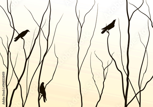 Landscape with trees and flock of birds.