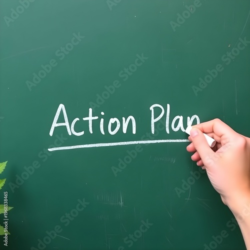 Hand writing Action Plan on green chalkboard with white chalk