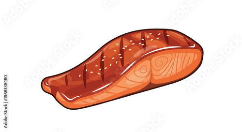 Appetizing illustration of a glistening grilled salmon fillet with sesame seeds and grill marks, perfect for culinary themes and healthy eating
