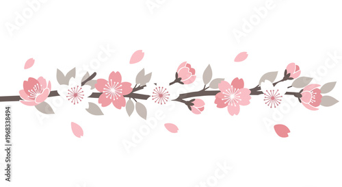 Delicate Cherry Blossom Branch with Falling Petals.