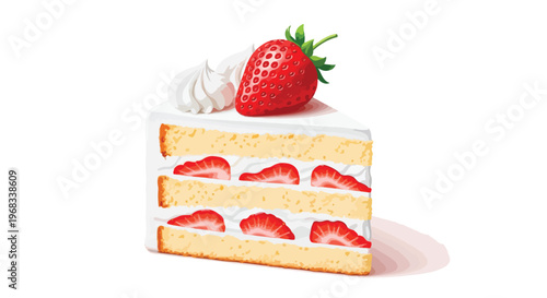 A slice of layered strawberry cake with whipped cream and a fresh strawberry on top against a clean white background.
