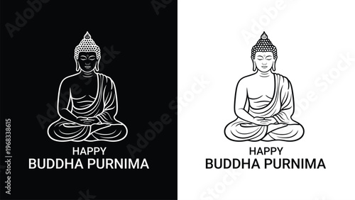 Happy buddha purnima dual background design with meditating buddha illustration in black and white themes symbolizing peace spirituality and mindfulness