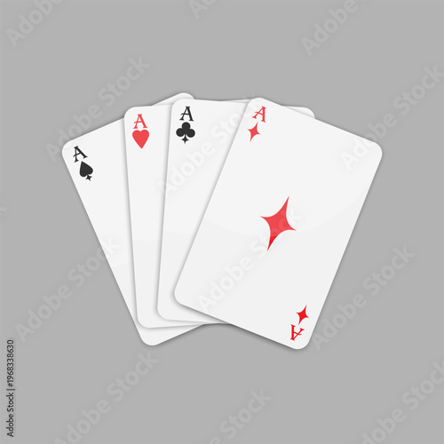 Four suits of aces playing cards including spades, hearts, clubs and diamonds fanned out. Vector illustration
