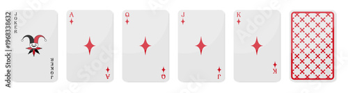 Set of high value playing cards of Diamonds. Joker, Ace of Diamonds, Queen, Jack and King. Playing cards with back side. Vector illustration