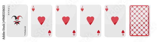 Set of high value playing cards of Hearts. Joker, Ace of Hearts, Queen, Jack and King. Playing cards with back side. Vector illustration