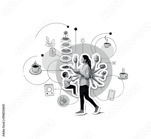 morning routine circular shapes thin lines and abstract coffee icons realistic monochrome multitasking mother balancing breakfast, children, and personal tasks