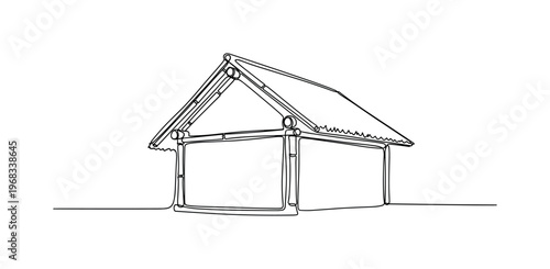 Sustainable Architecture. Minimalistic one-line drawing house with walls and roof made from natural biodegradable materials, continuous single black line on