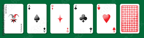 High value playing cards of Spades, Hearts, Clubs and Diamonds. Joker, Ace, Queen, Jack and King. Vector illustration